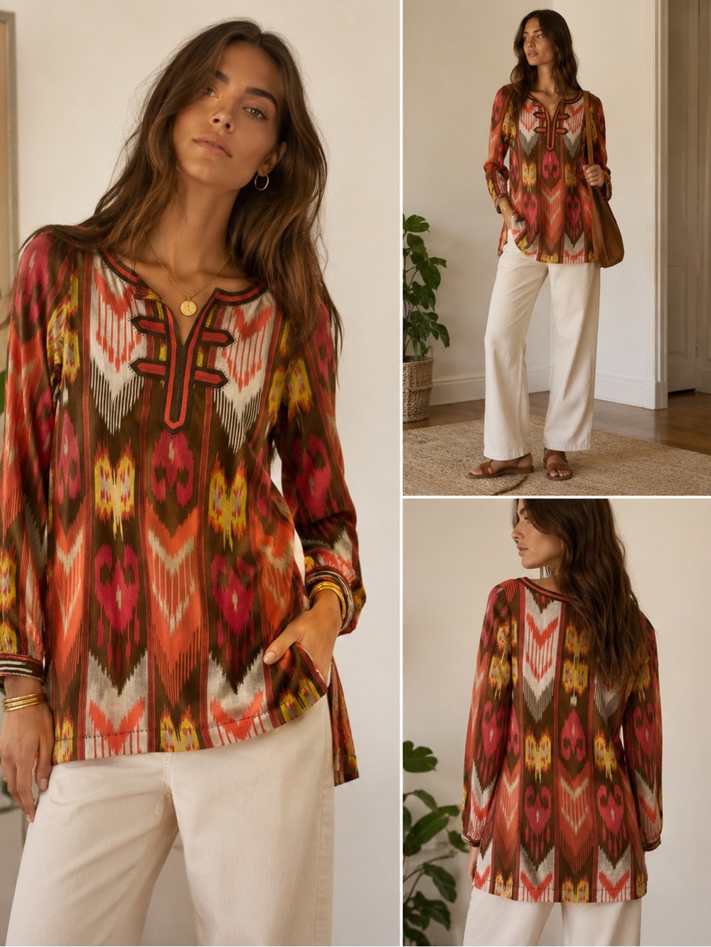 Tory Burch Ikat Tunic Top Size 6 Pink Orange Boho Long Sleeve